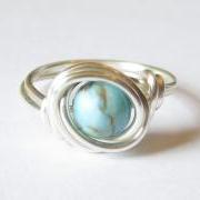 Turquoise and Silver Wire Wrapped Ring