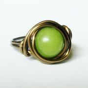 Green Jade Ring In Antique brass